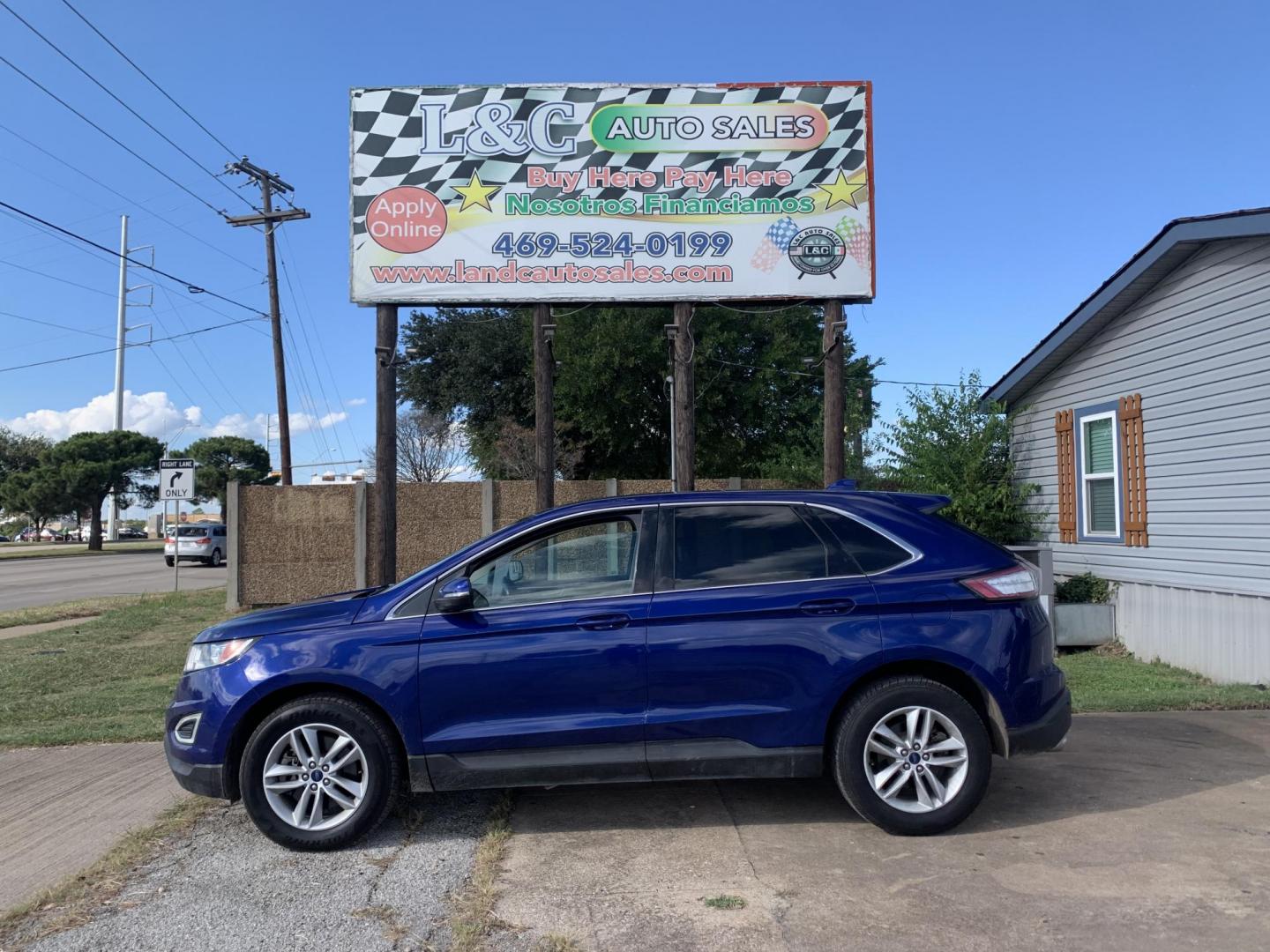 2015 Blue /Black Ford Edge SEL AWD (2FMTK4J97FB) with an 2.0L L4 DOHC 16V engine, Automatic transmission, located at 1830 North Belt Line Road, Irving, TX, 75061, (469) 524-0199, 32.834373, -96.993584 - Photo#0